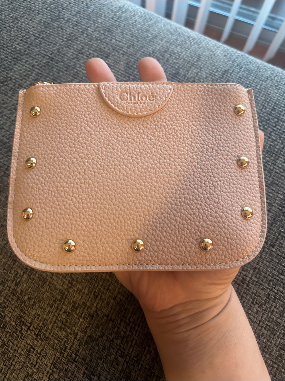 Chloe Fragrance Mauve Tan/Pink Pebbled Faux Leather Studded Zip Pouch - Picture 7 of 7